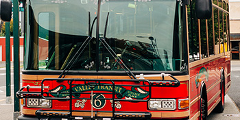 picture of the front of a trolley featuring a bike rack