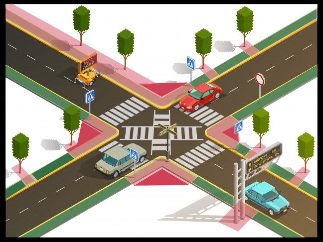 image of intersection wth safe sidewalk areas highlighted in green and unsafe areas for a bus to stop highlighted in red.