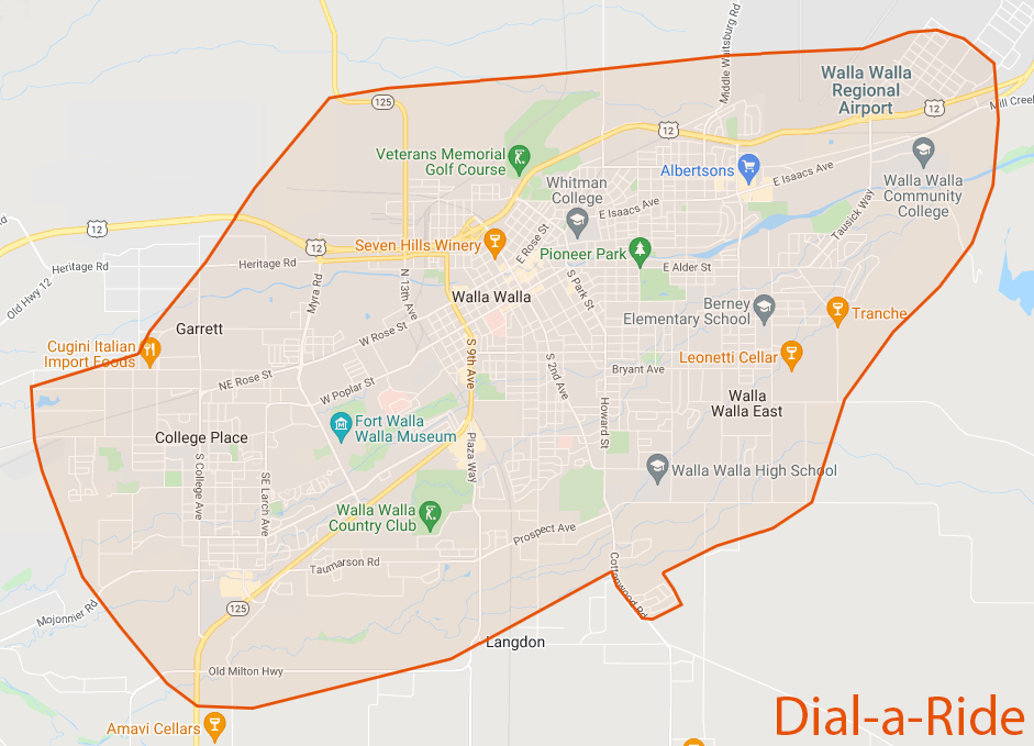 DAR only service area map Map of the Dial-a-Ride Service area showing Walla Walla and surrounding areas with key landmarks labeled.