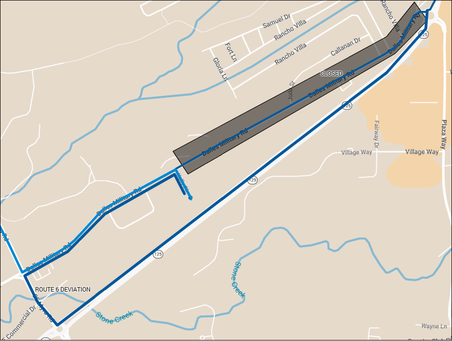 Map shows Route 6 deviating around a road closure on Dalles Military Rd between 9th St and Kelly Place.