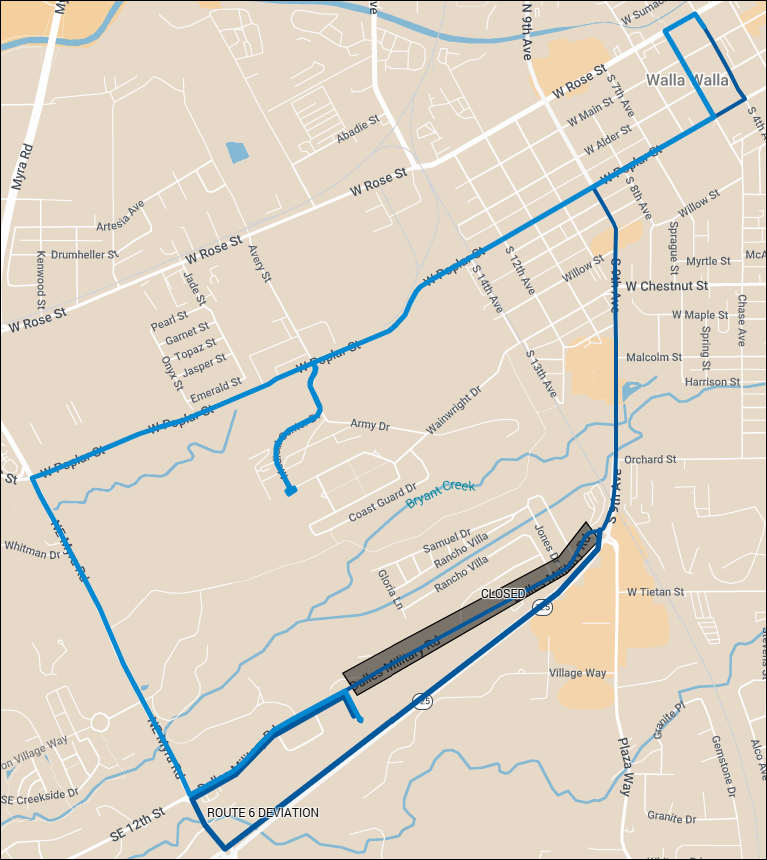 Map shows Route 6 deviating around a road closure on Dalles Military Rd between 9th St and Kelly Place.